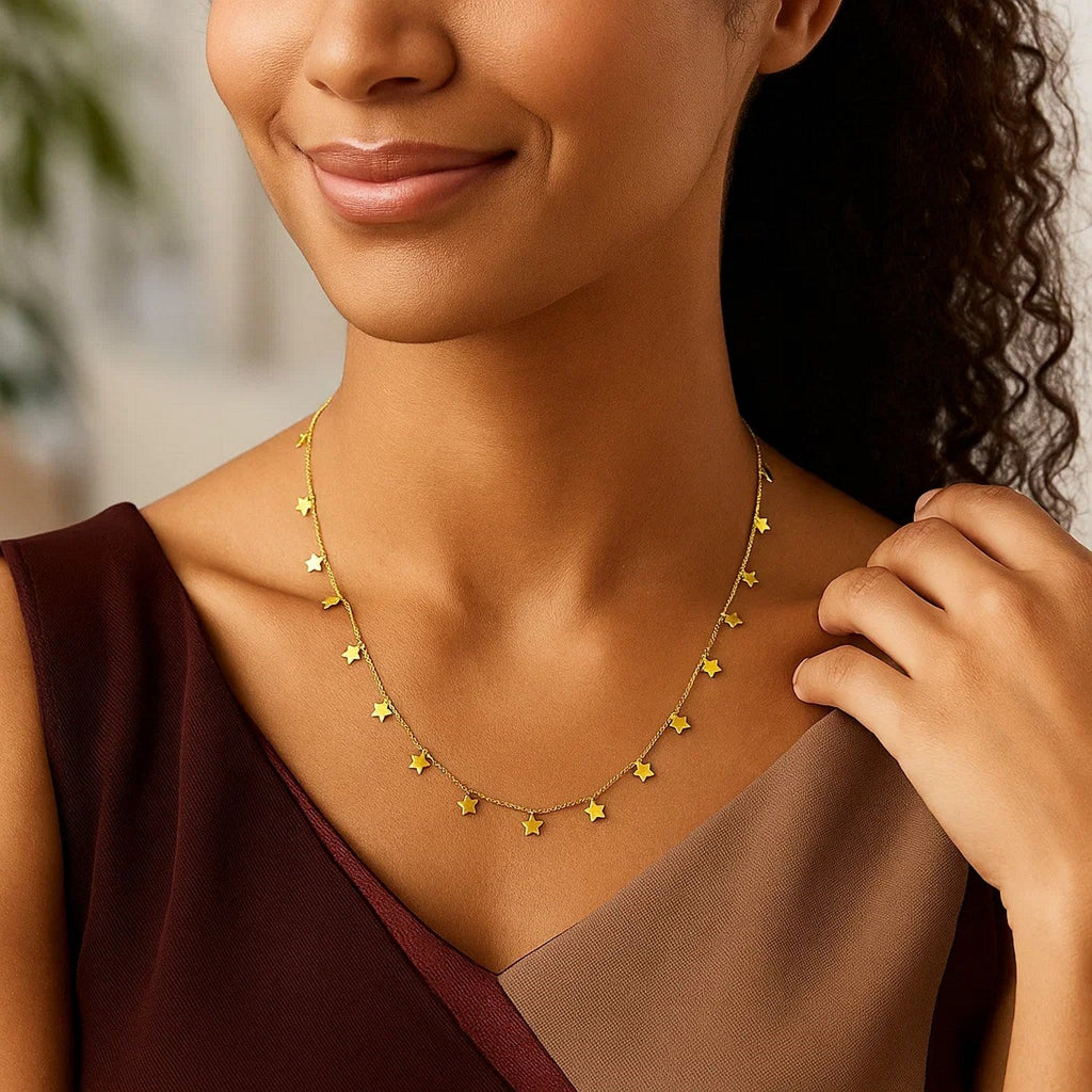 14K Yellow Gold Necklace with Dangling Stars