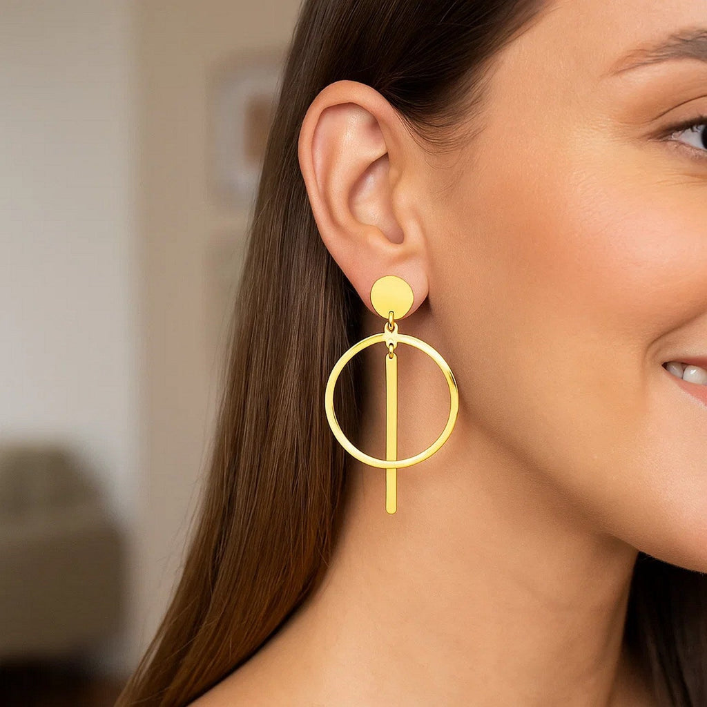14K Yellow Gold Polished Circle and Bar Earrings