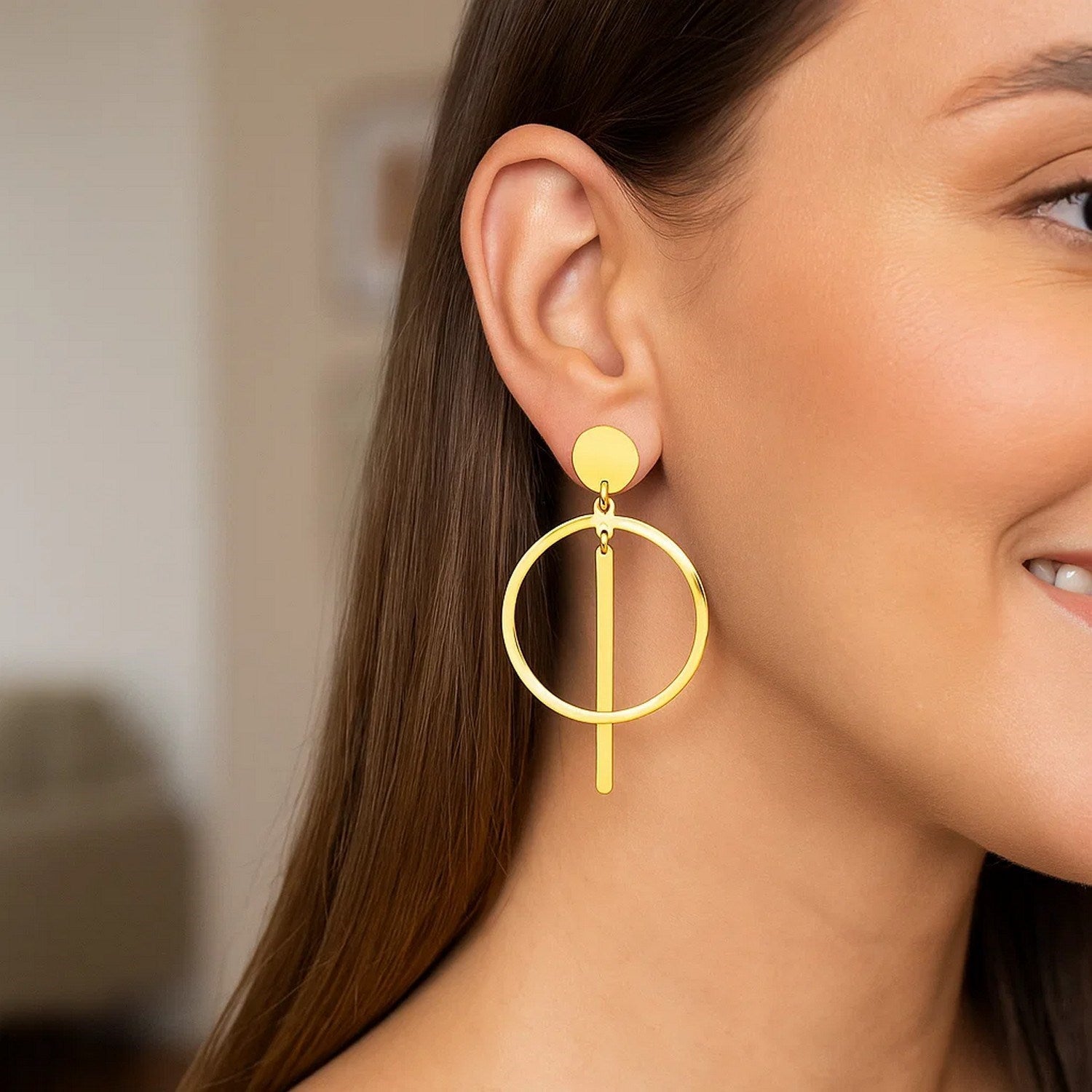 14K Yellow Gold Polished Circle and Bar Earrings
