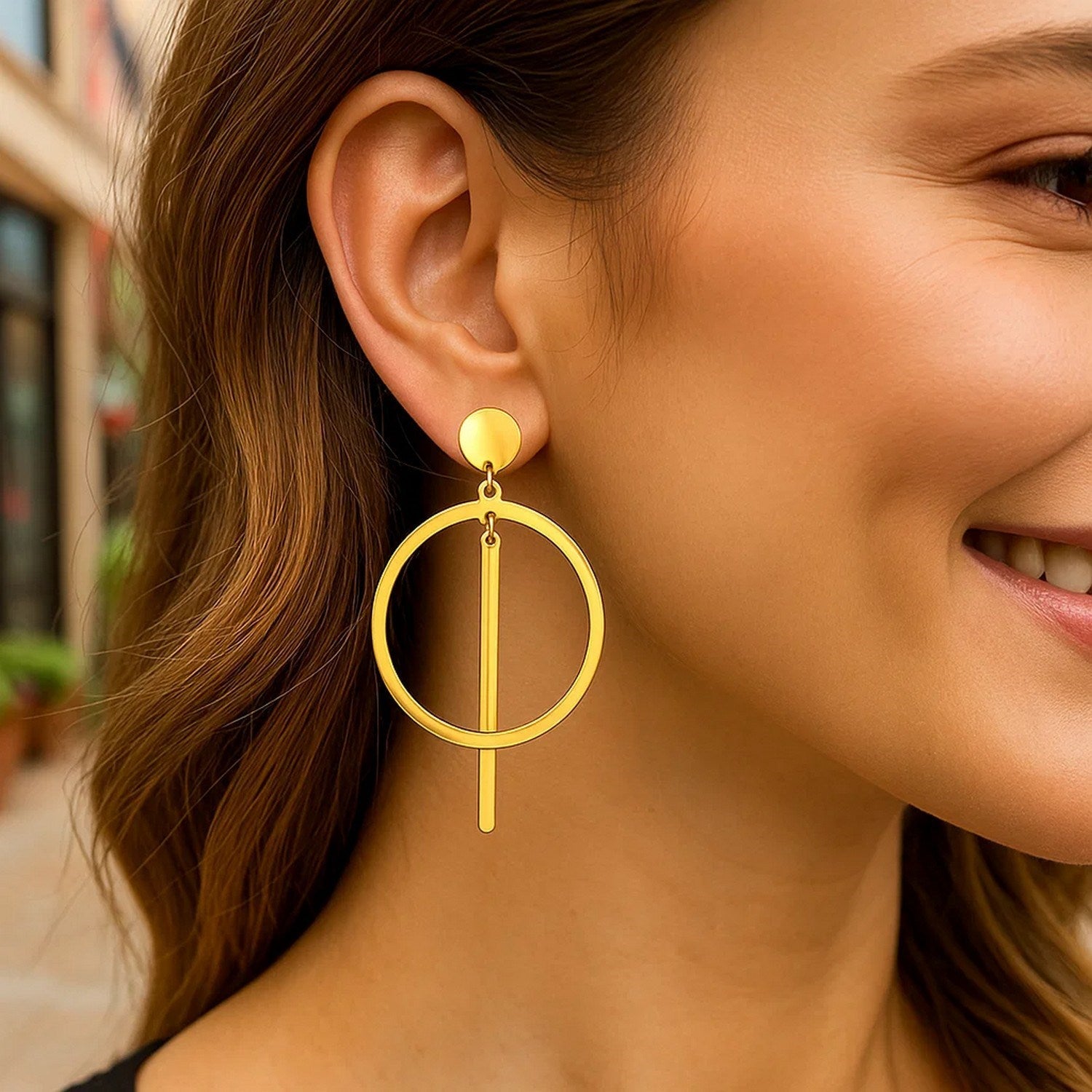 14K Yellow Gold Polished Circle and Bar Earrings