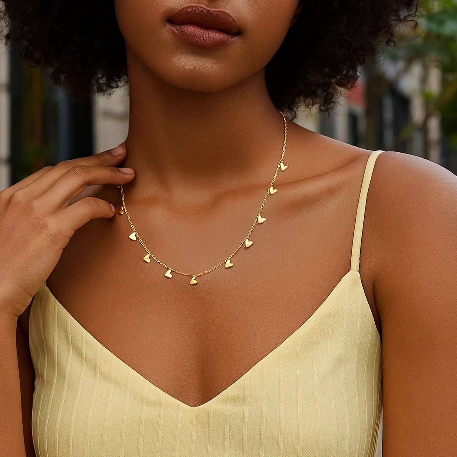 14K Yellow Gold Necklace with Dangling Hearts