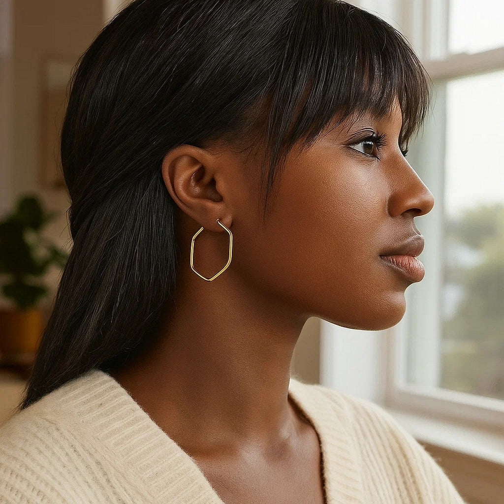 14K Yellow Gold Hexagon Hoop Rounded Edge Earrings