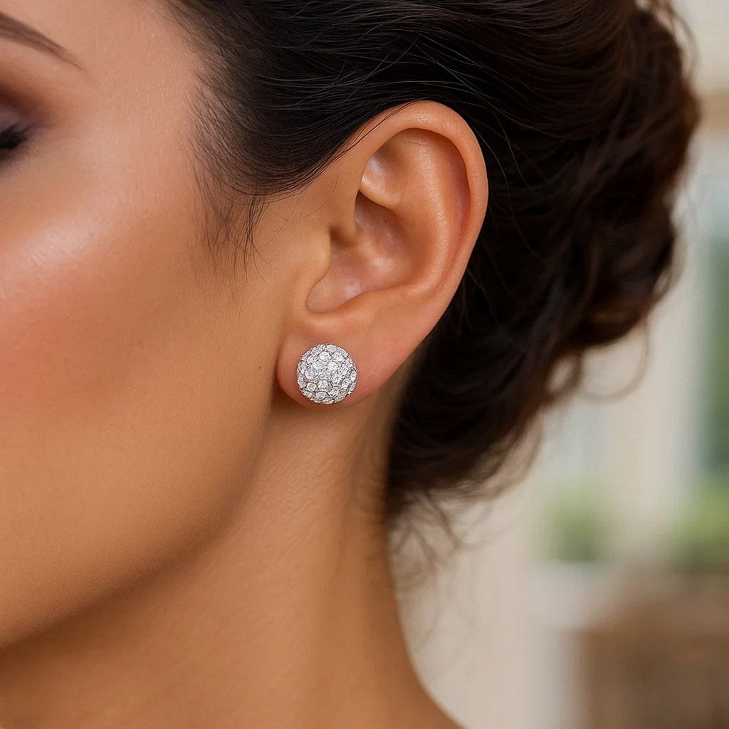 White Tone Crystal Ball Stud Earrings in 14k Yellow Gold(8mm)