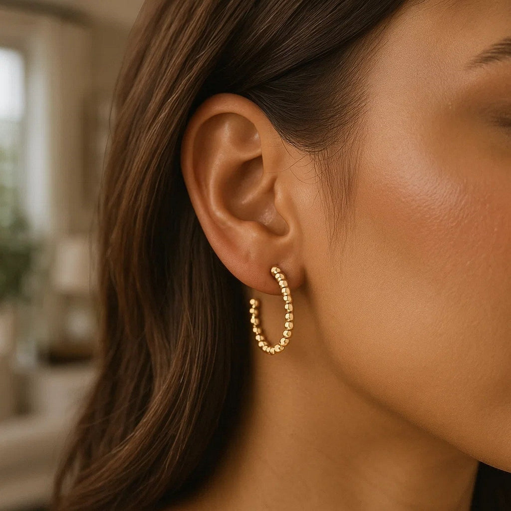 14K Yellow Gold Bead Hoop Earrings(2x23.4nn)