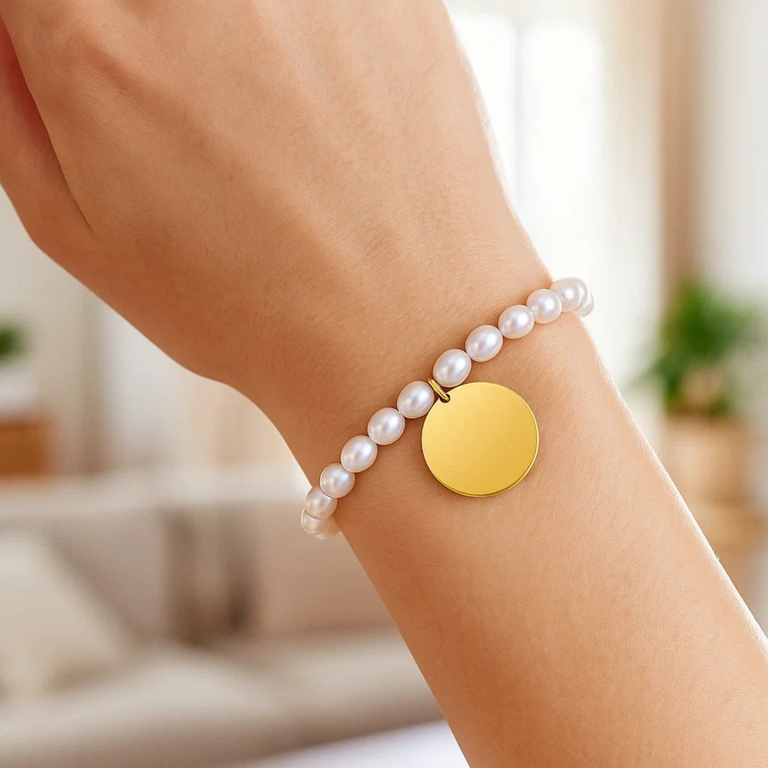 14k Yellow Gold Pearl Tag Charm Bracelet