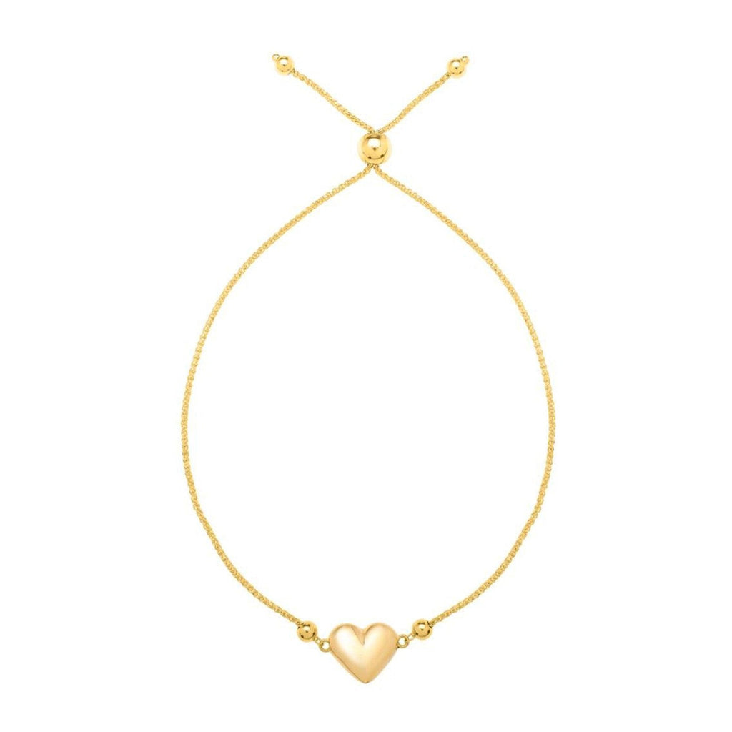Adjustable Puffed Heart Draw String Bracelet in 14K Yellow Gold