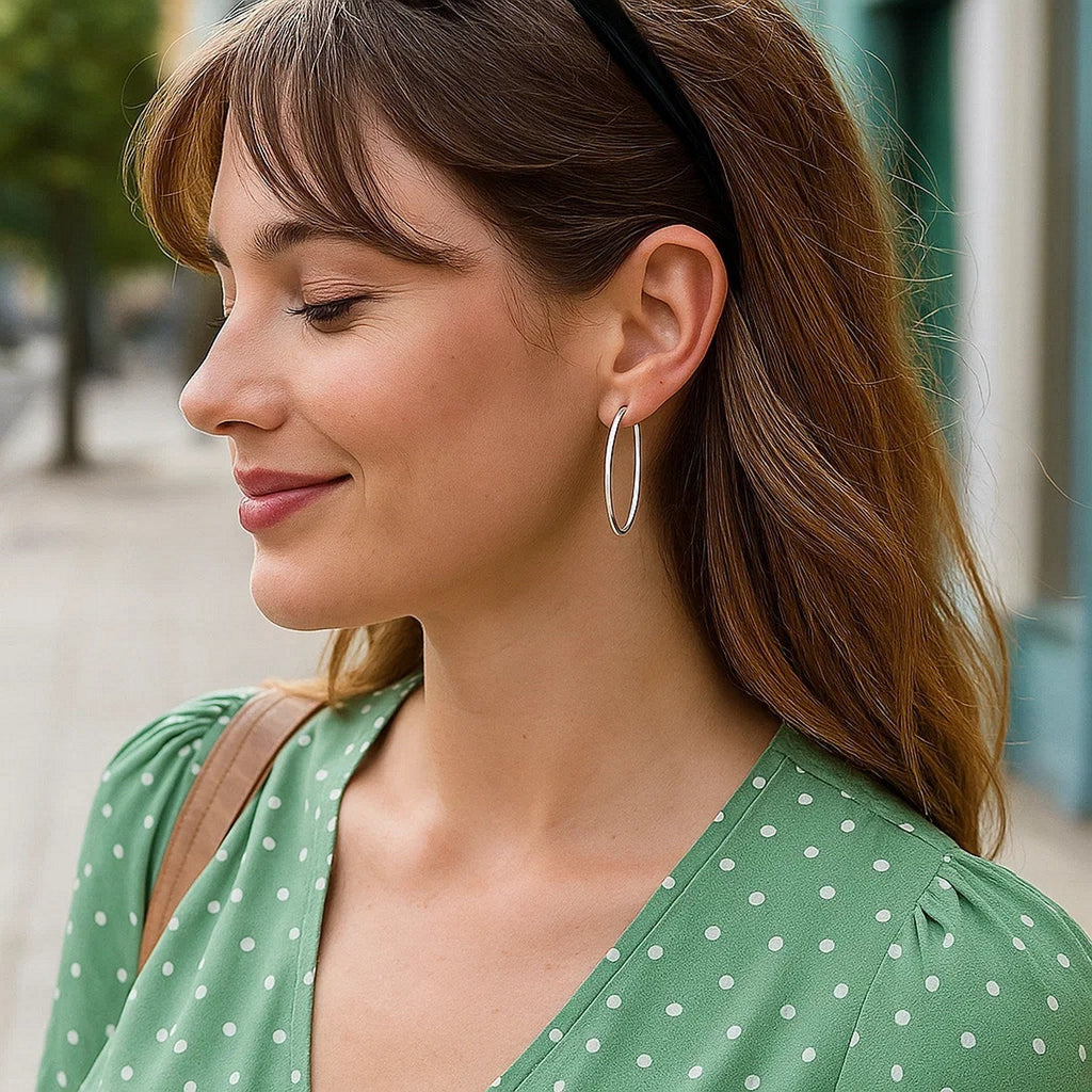 14k White Gold Slim Oval Shape Hoop Earrings