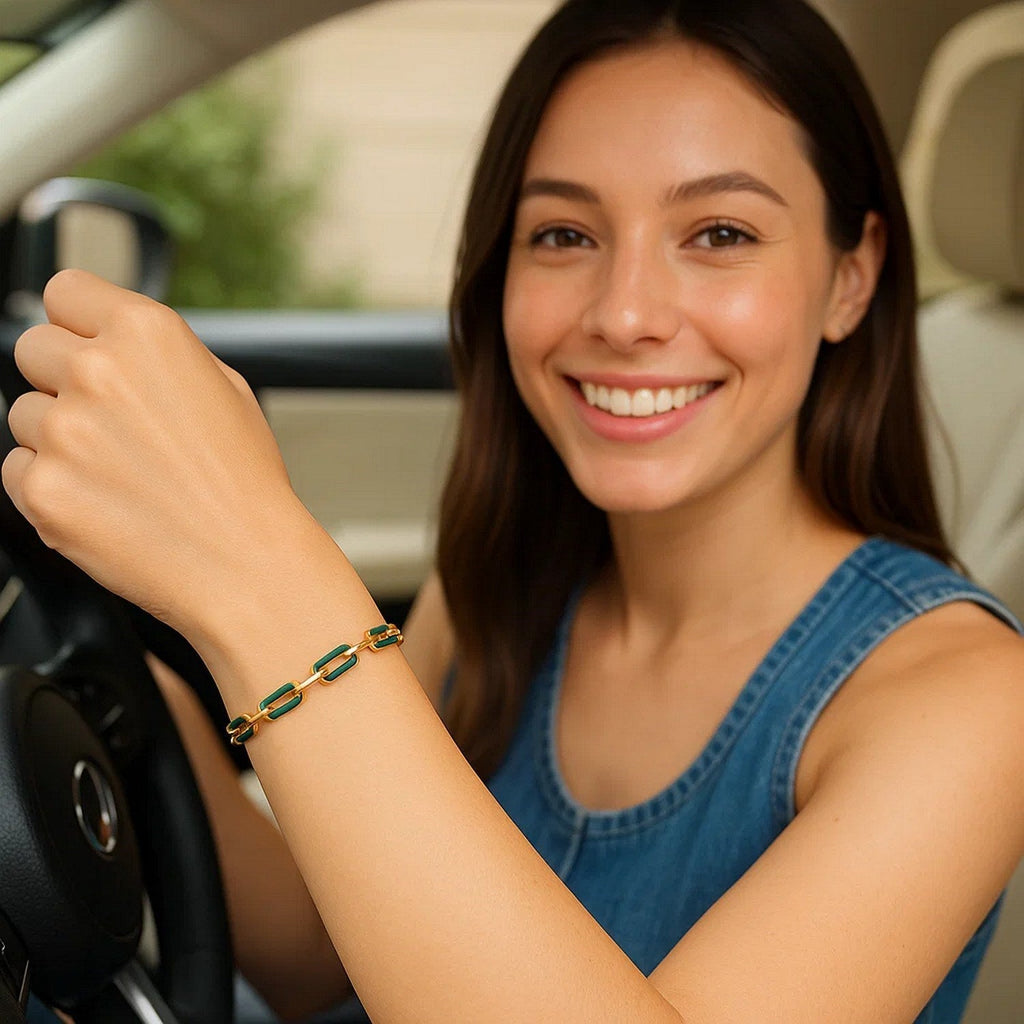 14k Yellow Gold Malachite Paperclip Gem Link Bracelet (7.00 mm)