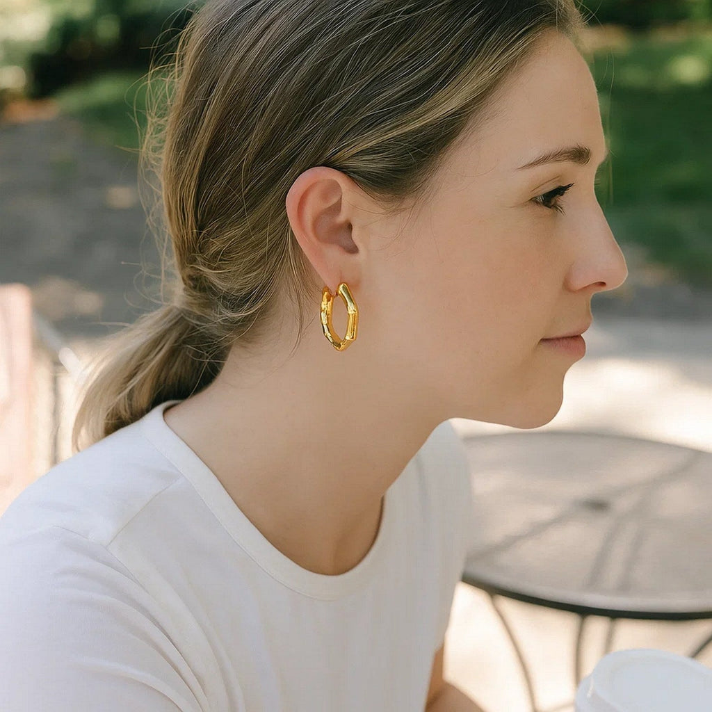 14k Yellow Gold Medium Bamboo Hoop Earrings
