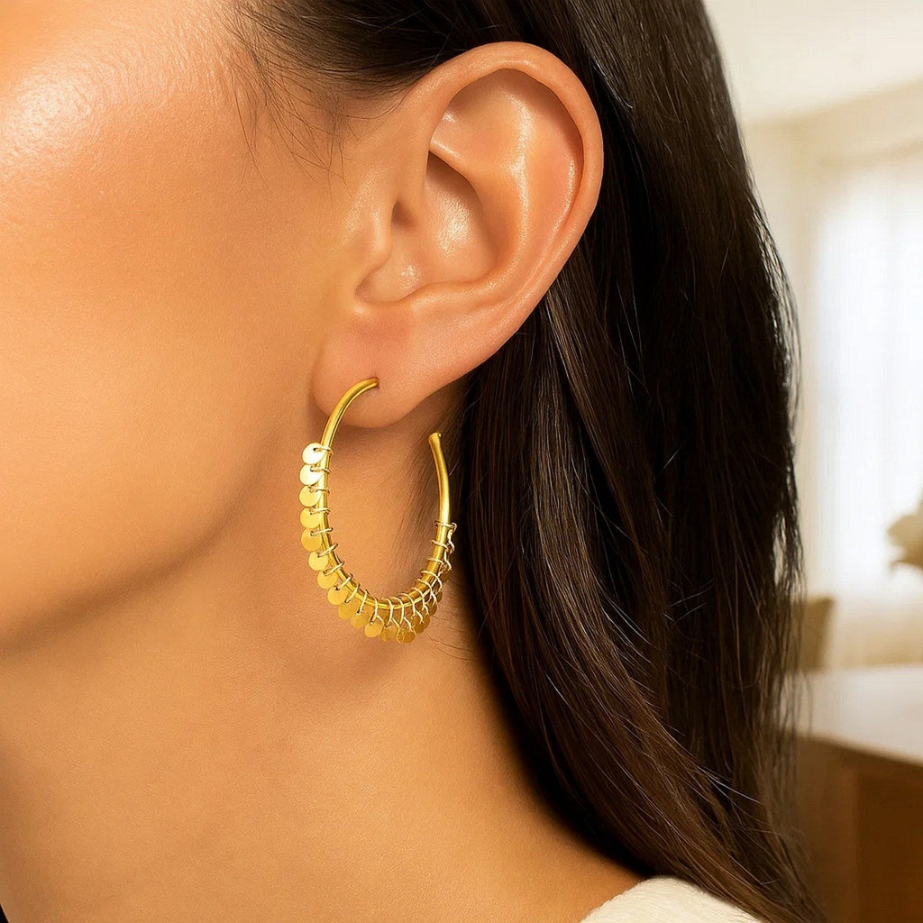 14k Yellow Gold Hoop Style Earrings with Dangling Sequins(1.5x30mm)