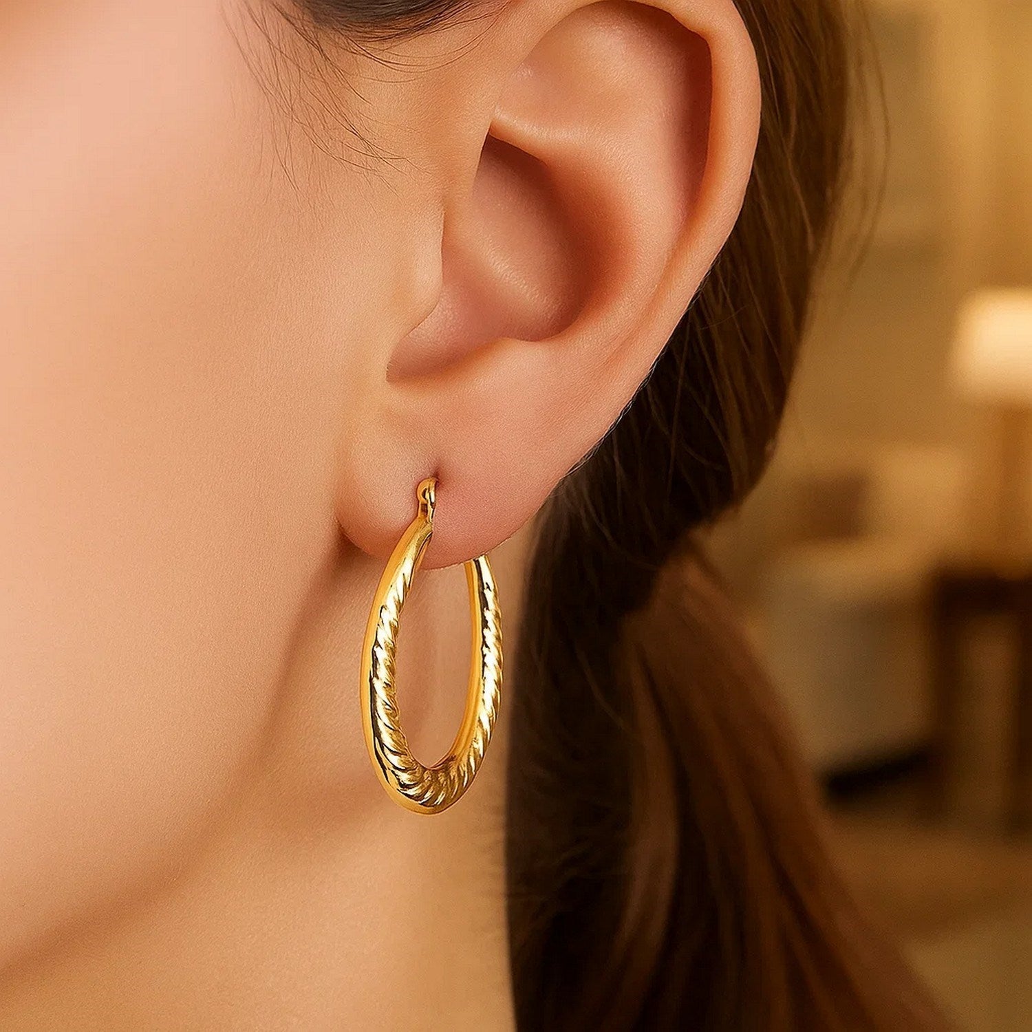 14k Yellow Gold Hoop Earrings with Textured Details