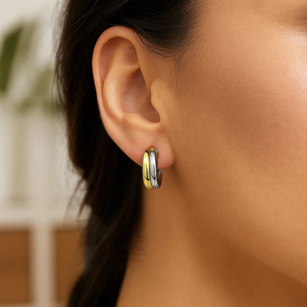 14k Two Tone Gold Double Round Hoops