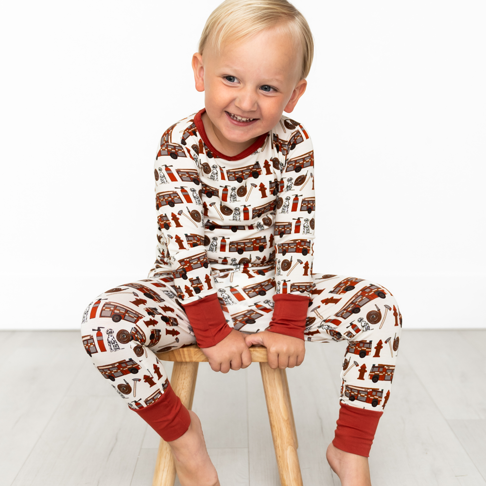 Alcaous Fire Trucks Bamboo 2-Piece Long Sleeve Set
