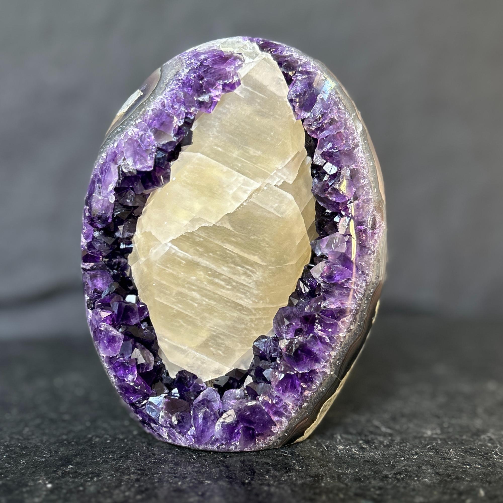 Rare Find Crystal Formations, Amethyst Geode with calcite and agate, piece for collectors