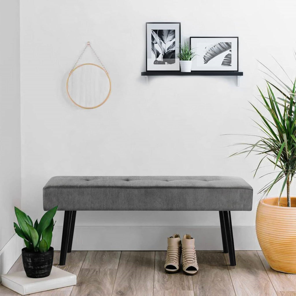 Mid-Century Grey Corduroy Upholstered End of Bed Bench with Black Metal Legs