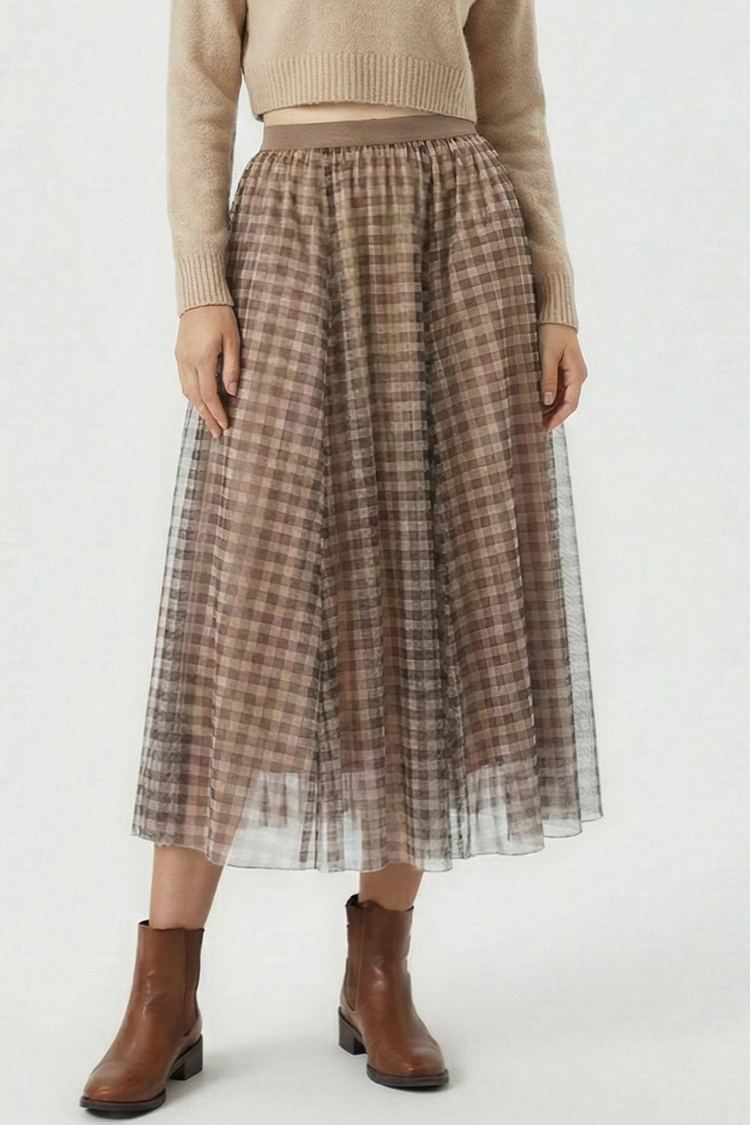 Plaid Tulle Midi Skirt