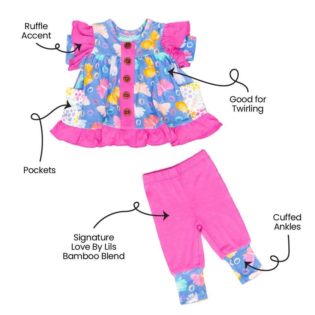 Korrie Butterflies Bamboo Short Sleeve Peplum + Legging Set