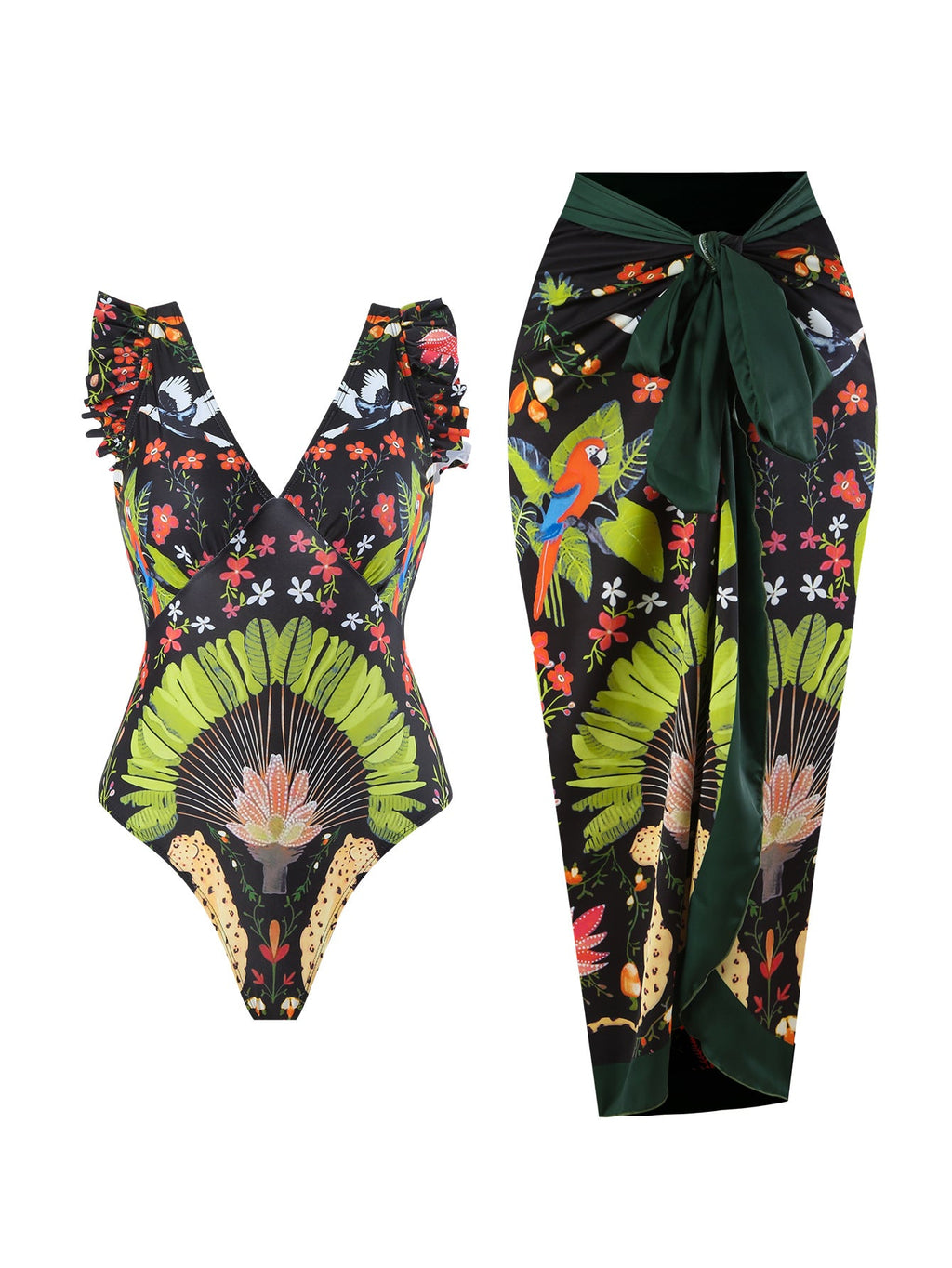 One Piece Women Printed Swimsuit Covering Belly Thin Flying Gauze Skirt Conservative Swimwear Women