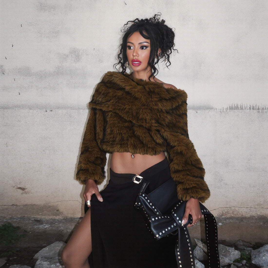 Fall Women Clothing Sexy Exposed Cropped off Shoulder Loose Comfortable Plush Top