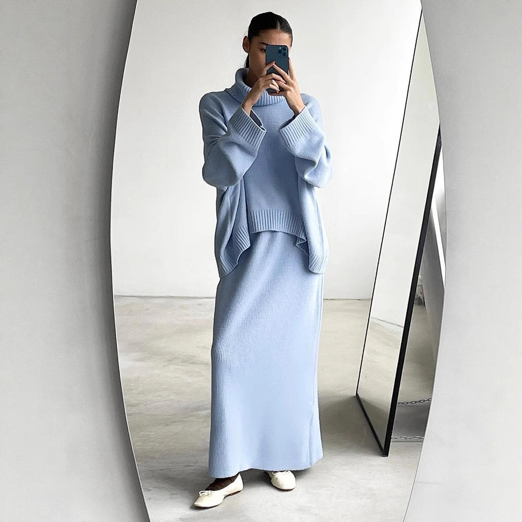 Turtleneck Sweater Skirt Set Women Autumn Winter Loose Knitted Two Piece Sweater Set Women