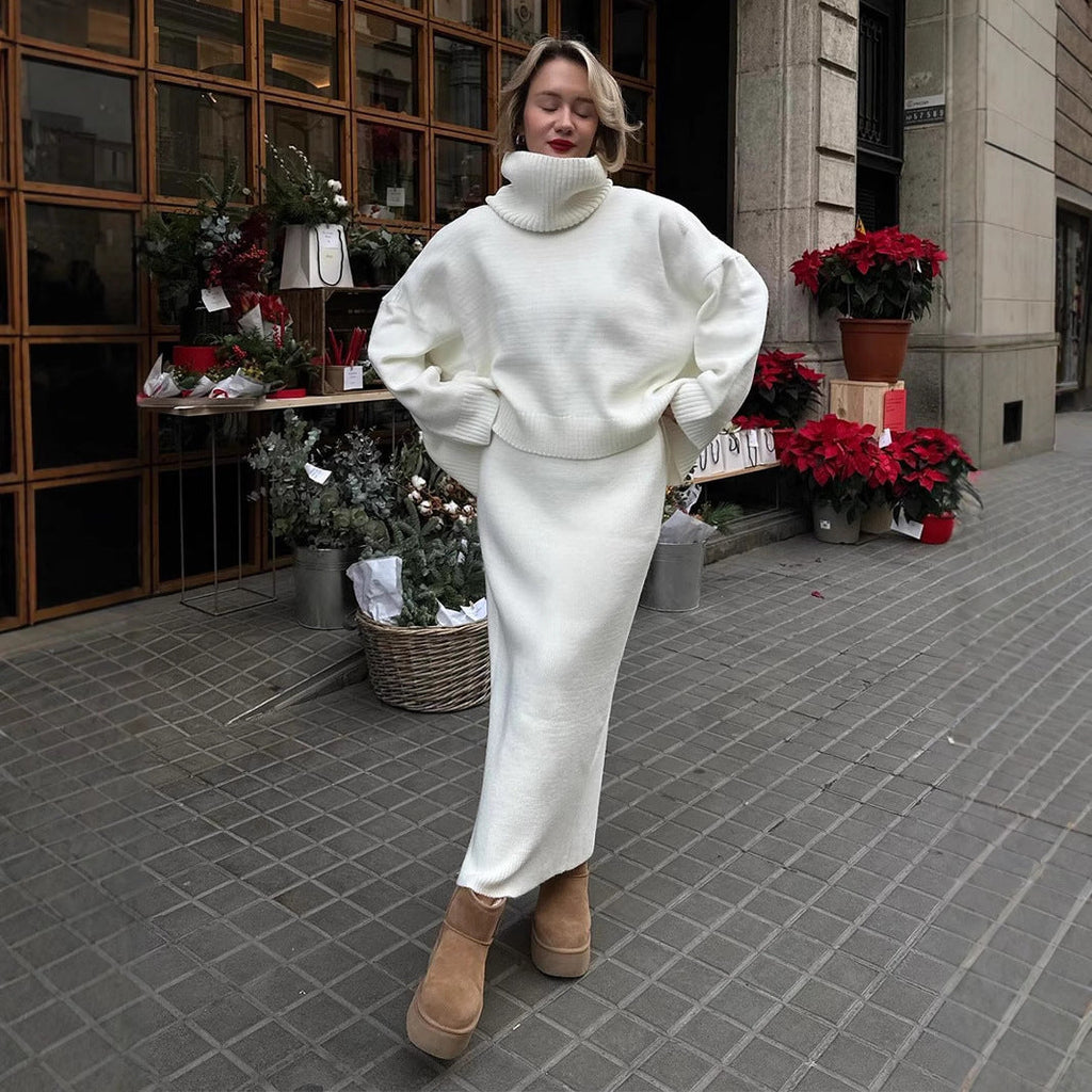 Turtleneck Sweater Skirt Set Women Autumn Winter Loose Knitted Two Piece Sweater Set Women