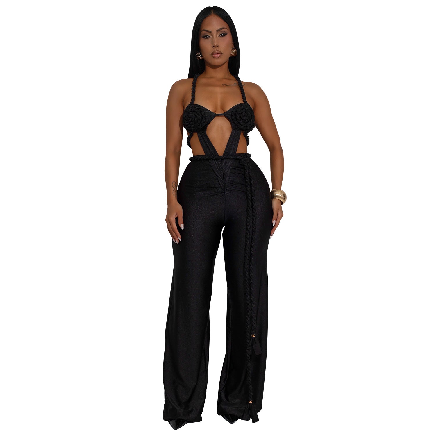 Women Wear Solid Color Sexy Bandeau Backless Lace up Jumpsuit