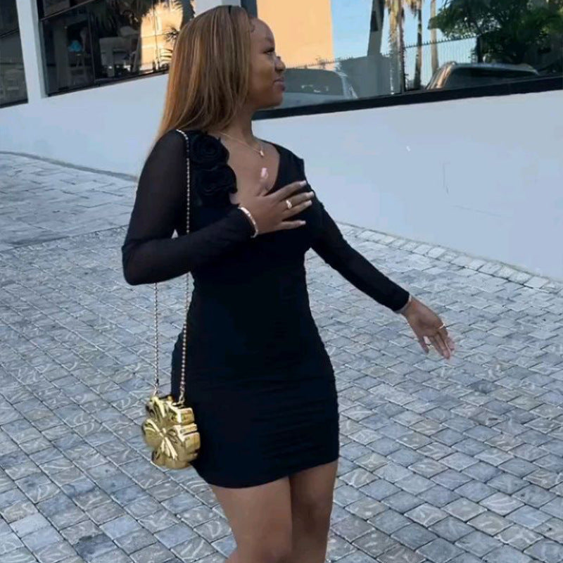 Simple Solid Color Women Slim Fit Office Hip Diagonal Collar Long Sleeve Short Dress