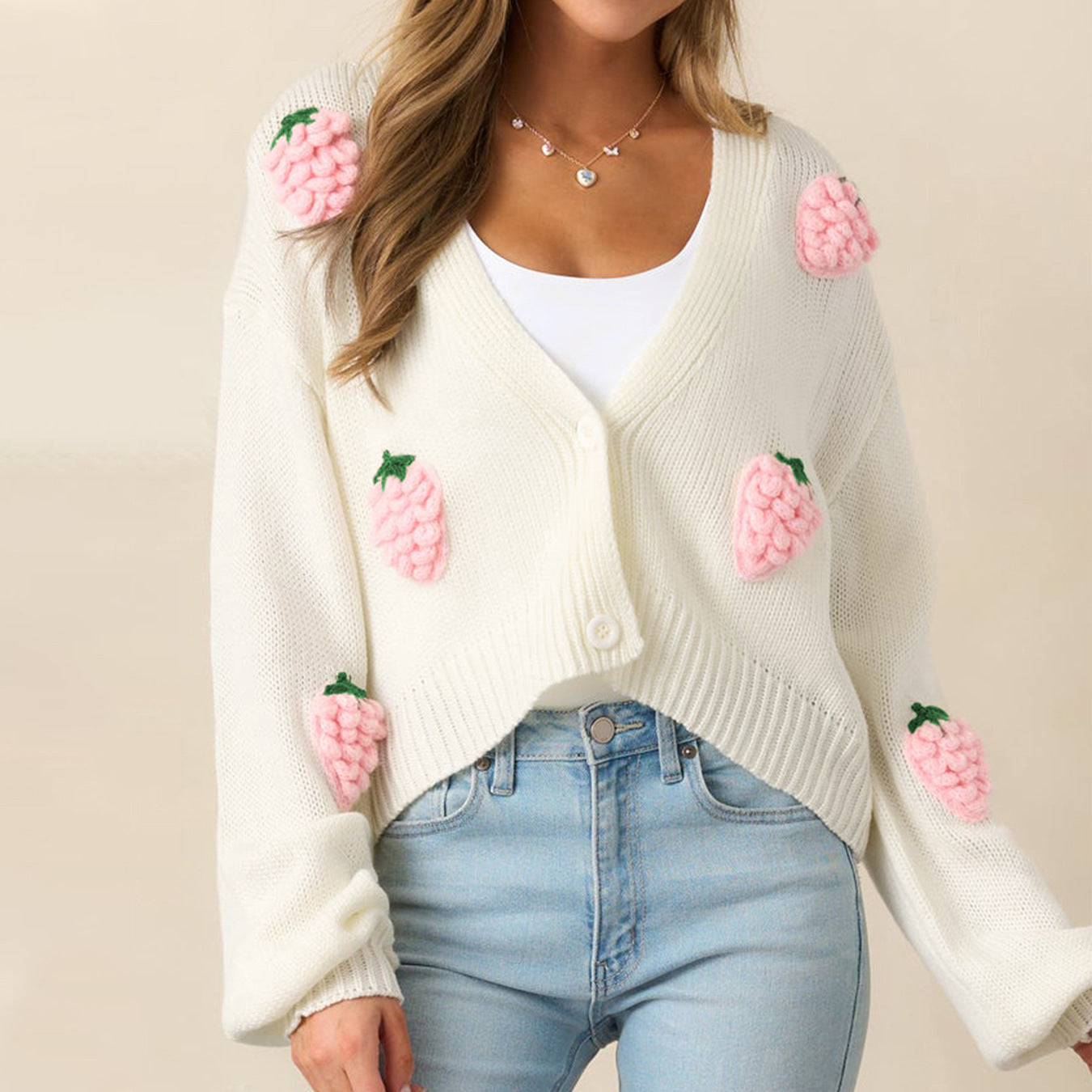3D Strawberry Pattern Women Elegant Sweater Cardigan Autumn Winter Button Long Sleeve Sweater