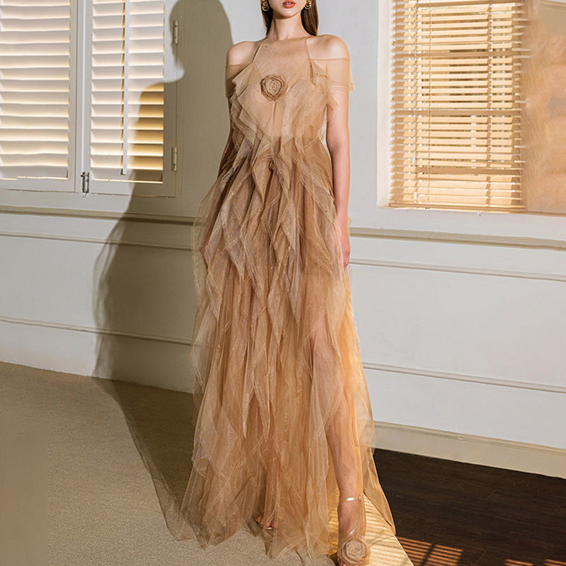 Graceful Formal Dress Fall Sexy Cold Shoulder Mesh Floral Stitching Contrasting Color Dress Women