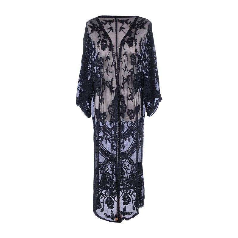 Sexy Grape Silk Embroidered Seaside Vacation Sun Protection Clothing Beach Jacket Bikini Swimsuit Outwear Cardigan for Women