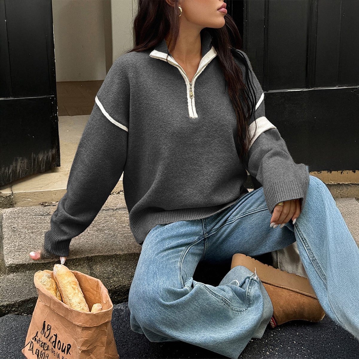 Casual Simple Solid Color Long Sleeve Zipper Sweaters Women Clothing Autumn Winter