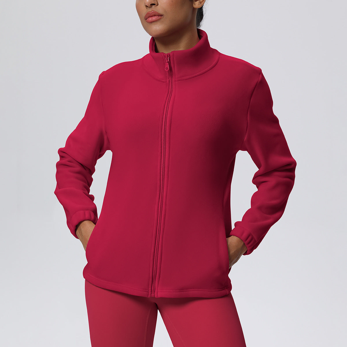 High Collar Warm Fleece Lined Zipped Sports Coat Loose Yoga Clothes Casual All Matching Women