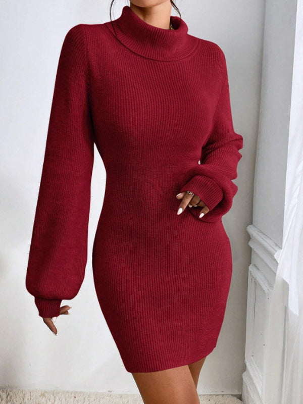 Women Clothing Woolen Dress Simple Thin Knitted Turtleneck Solid Color Sheath Knitted Dress