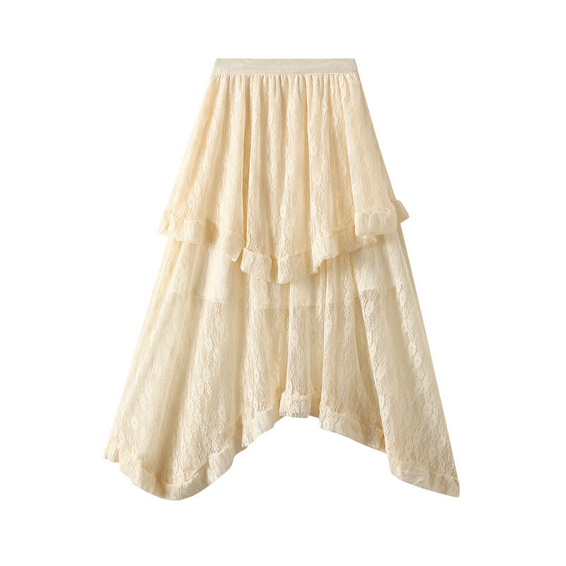 Lace Skirt Women Summer High Waist Drooping Mid Length Irregular Asymmetric Mesh Fairy Skirt