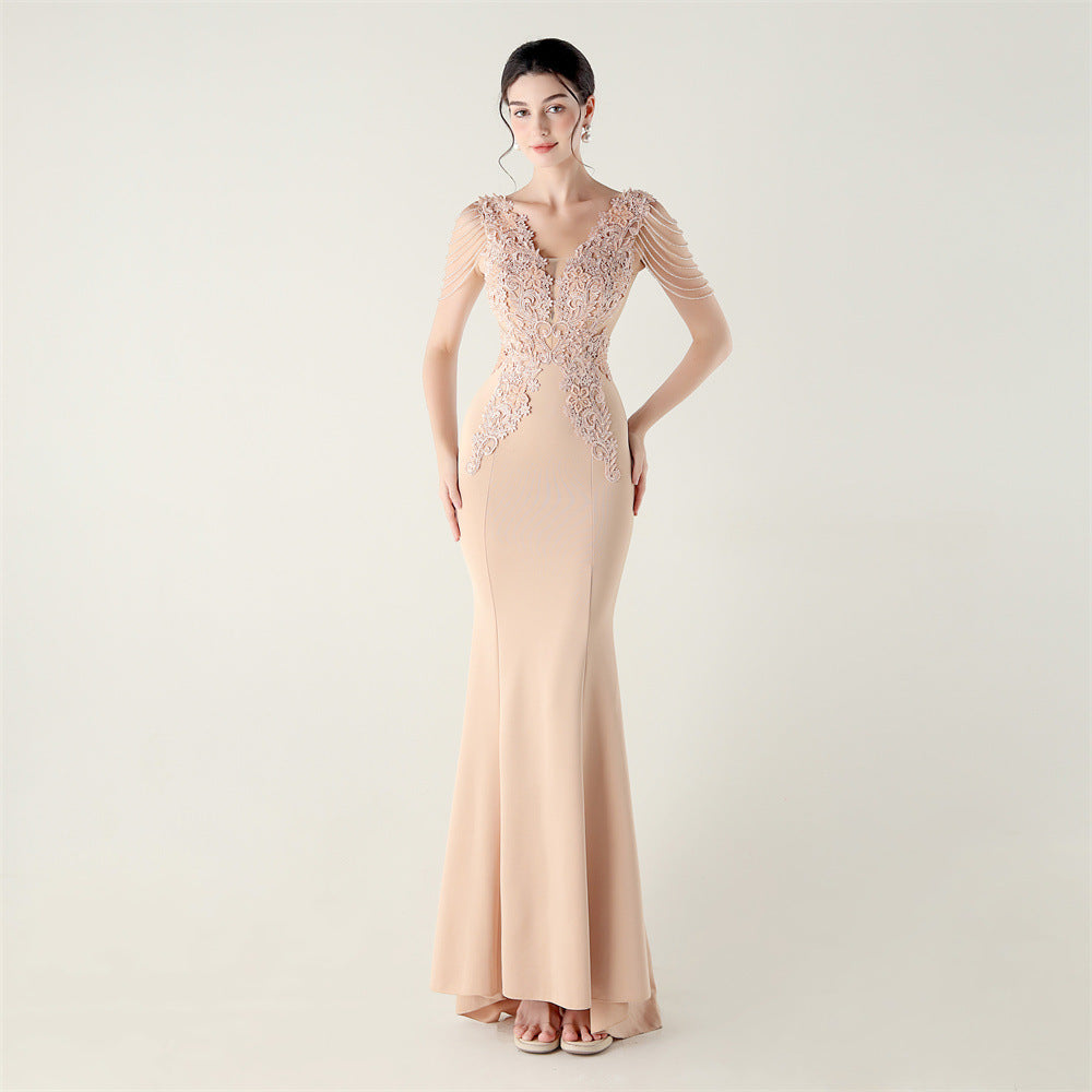 Satin Heavy Industry Beaded Three Dimensional Applique Boning Corset Waist-Tight Evening Dress Lace Tassels Design Cocktail Social Networking