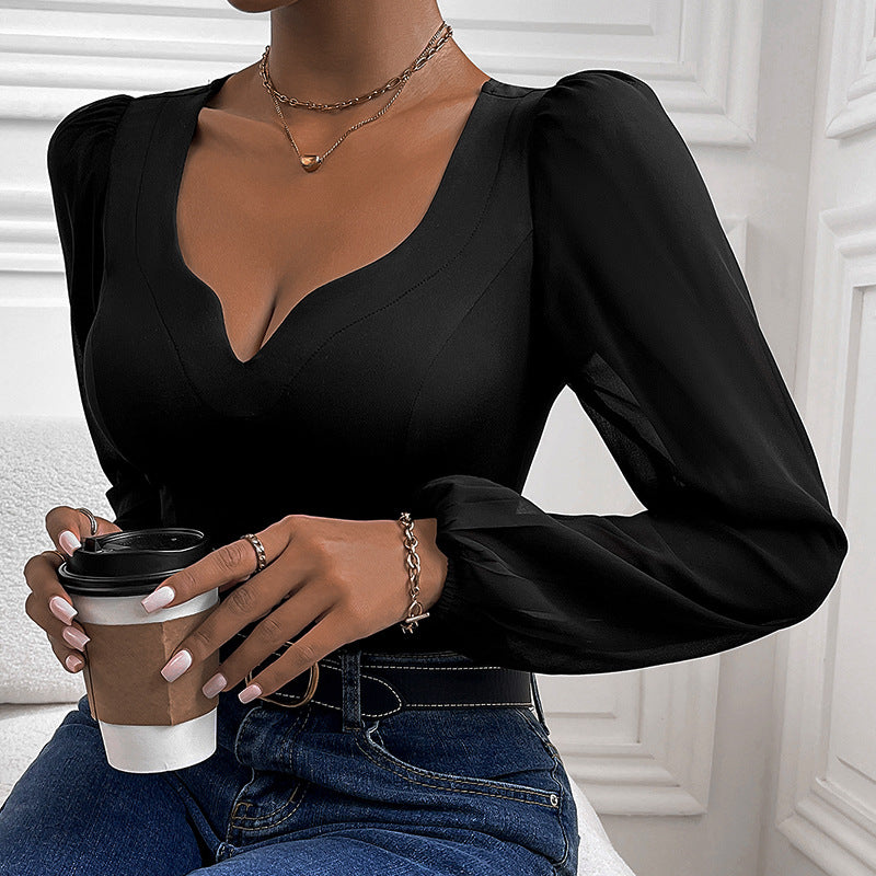 Women Clothing Black Mesh Stitching V neck Jumpsuit