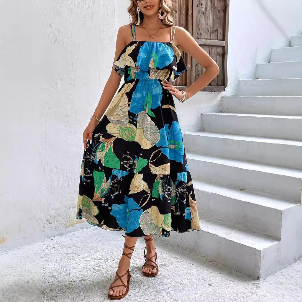 Self Developed Printed Cami Dress Hawaiian Beach Dress Sleeveless Suspender Tube Top Printed Dress