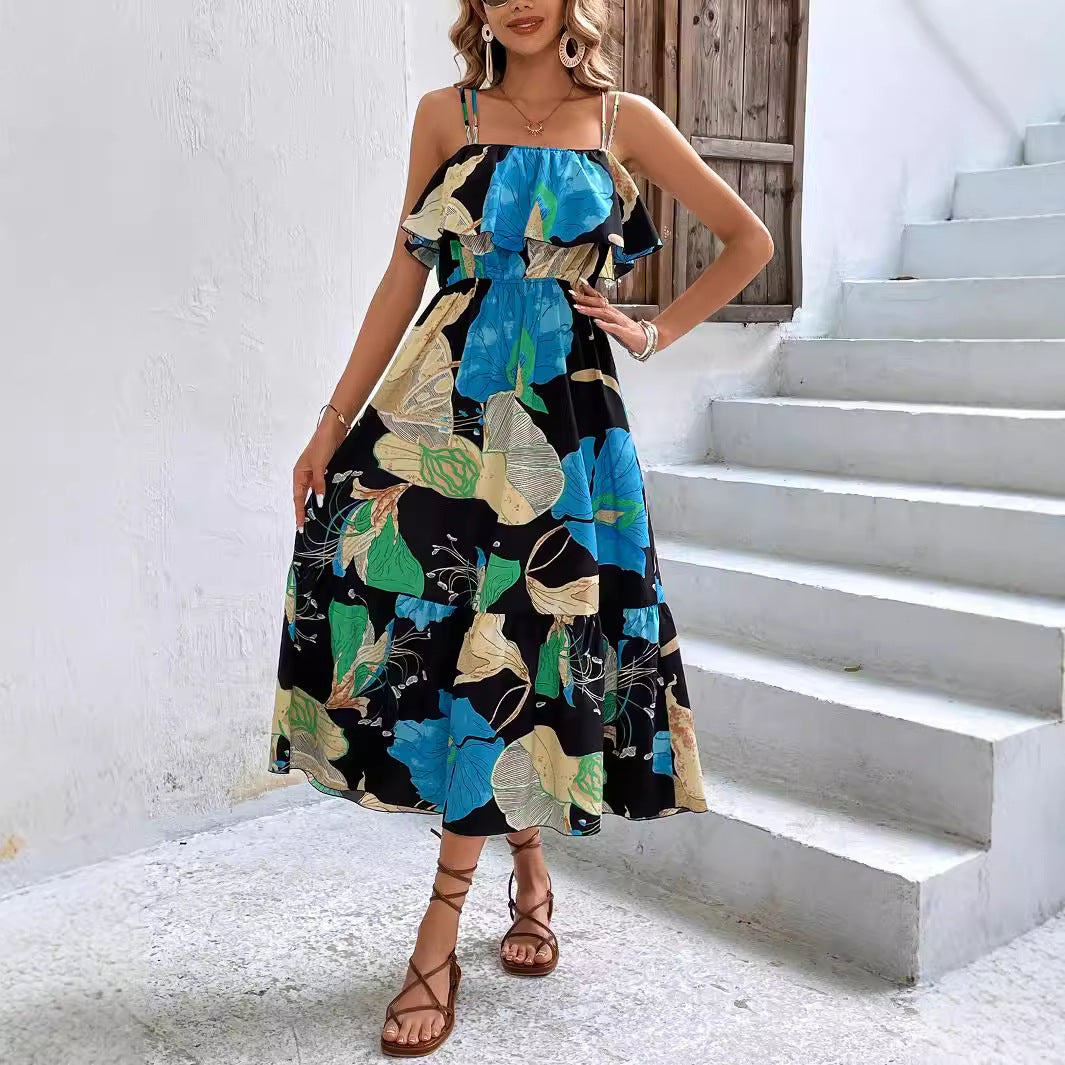 Self Developed Printed Cami Dress Hawaiian Beach Dress Sleeveless Suspender Tube Top Printed Dress