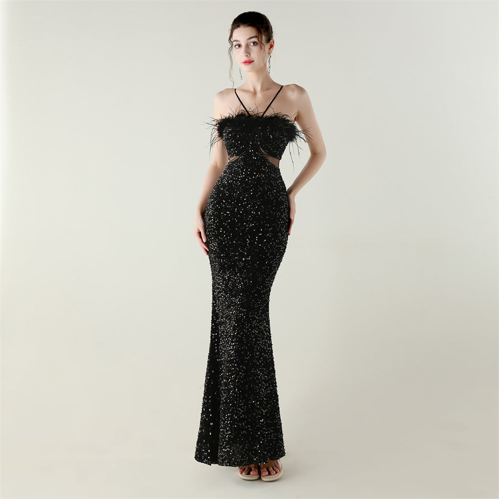 Velvet Bottom Sequin Craft Ostrich Feather Handmade Evening Dress Fishtail A Hemline High End Dinner Dress