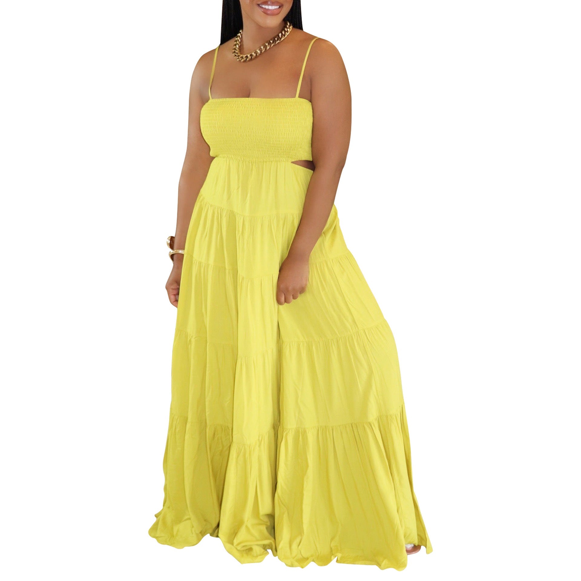 Women Clothing Spaghetti Straps Sleeveless Dress Bohemian Tiered Dress Maxi Dress Summer