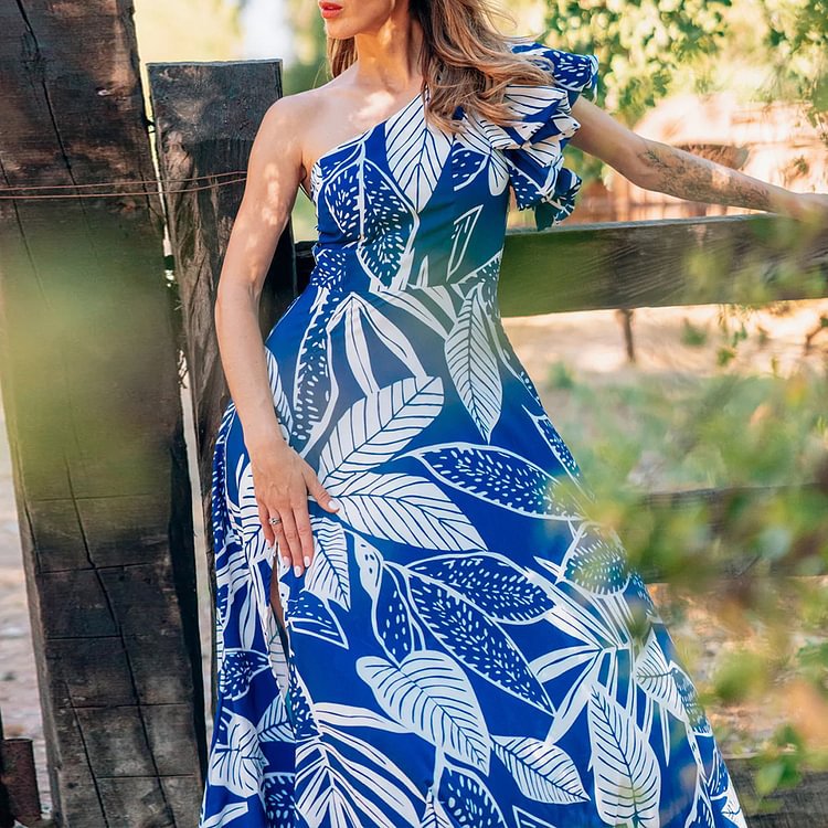 One Shoulder Bubble Sleeve Printed One Piece Swimsuit Women