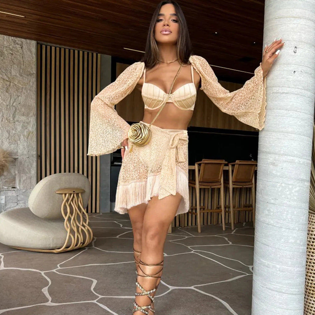 Bikini Three Piece Long Sleeve Tassel Sexy Split Swimsuit Women Bikini