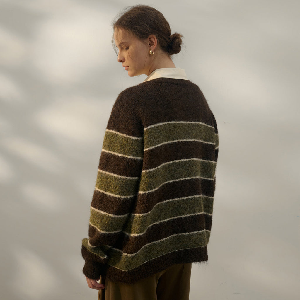 Autumn Winter Lazy Sweater Women Retro Gentle Casual Three Dimensional Striped Contrast Color V neck Long Sleeve Knitted Cardigan