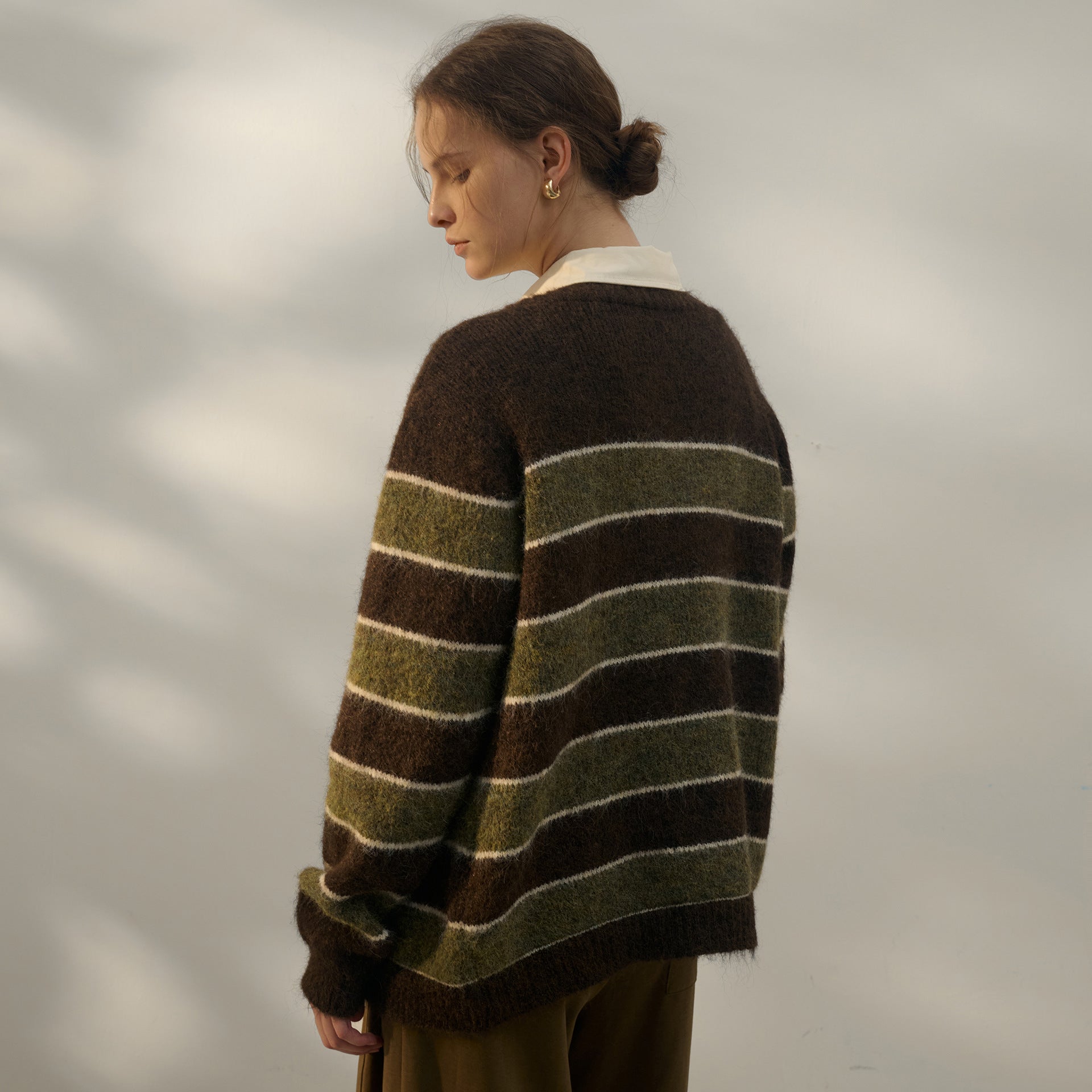 Autumn Winter Lazy Sweater Women Retro Gentle Casual Three Dimensional Striped Contrast Color V neck Long Sleeve Knitted Cardigan