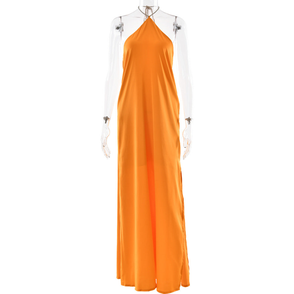 Arrival Advanced Satin Halter Dress Sexy Backless Solid Color Split Slim Fit Maxi Dress