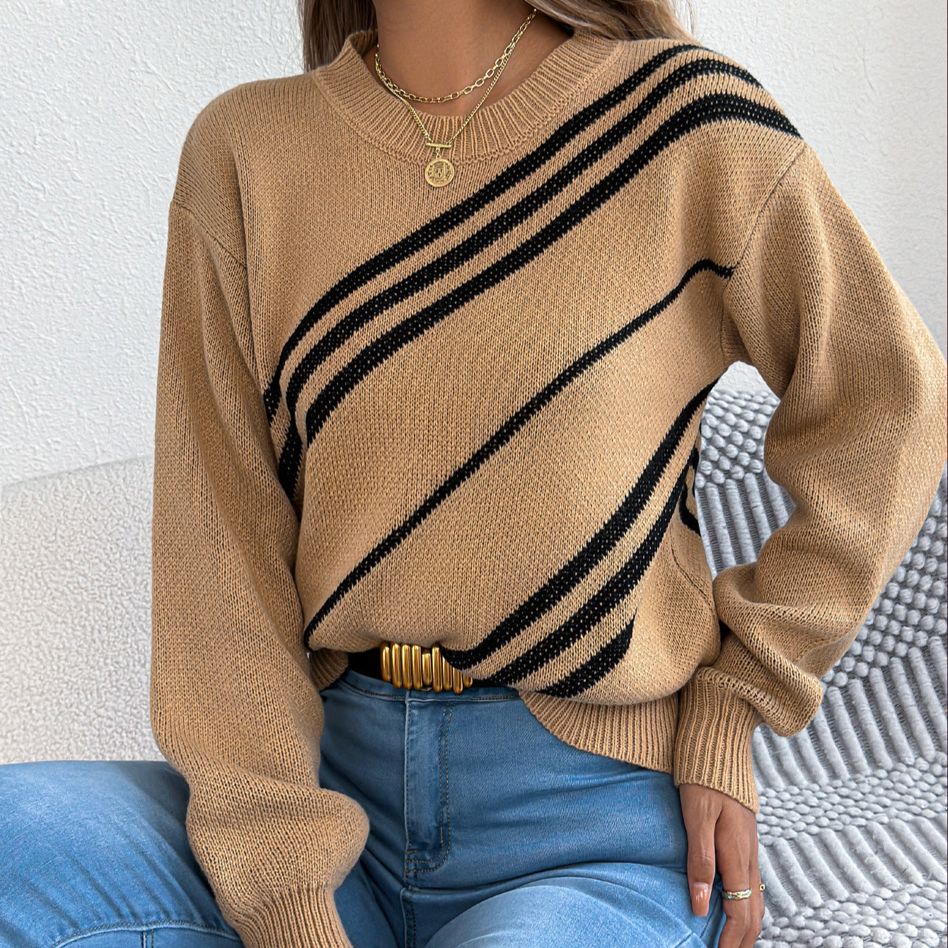 Women Clothing Autumn Winter Casual Striped round Neck Lantern Long Sleeve Pullover