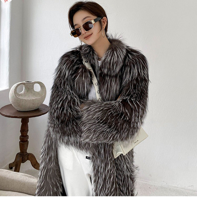 Women Autumn Winter Silver Fox Fur Clothing Coat Faux Fur Long Cut Coat Trending Fur Short Coat Casual Trench Coat
