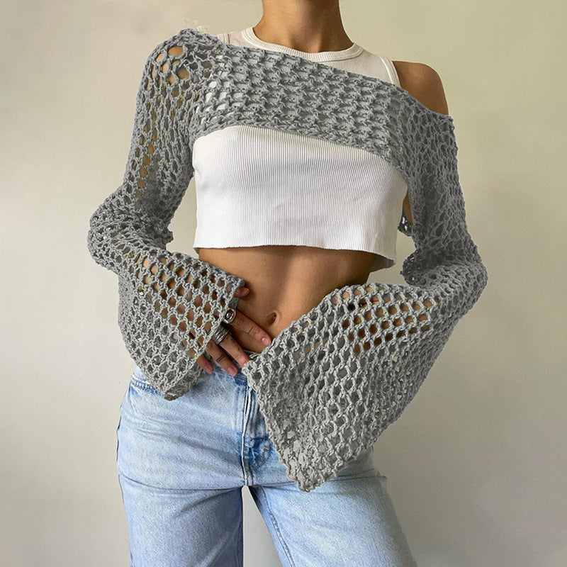 Sexy Hollow Out Cutout Sweater Solid Color round Neck Long Sleeve Knitted Blouse Crochet hook