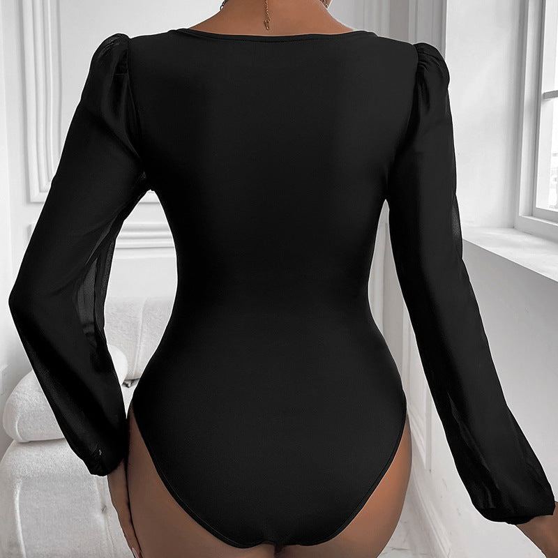 Women Clothing Black Mesh Stitching V neck Jumpsuit