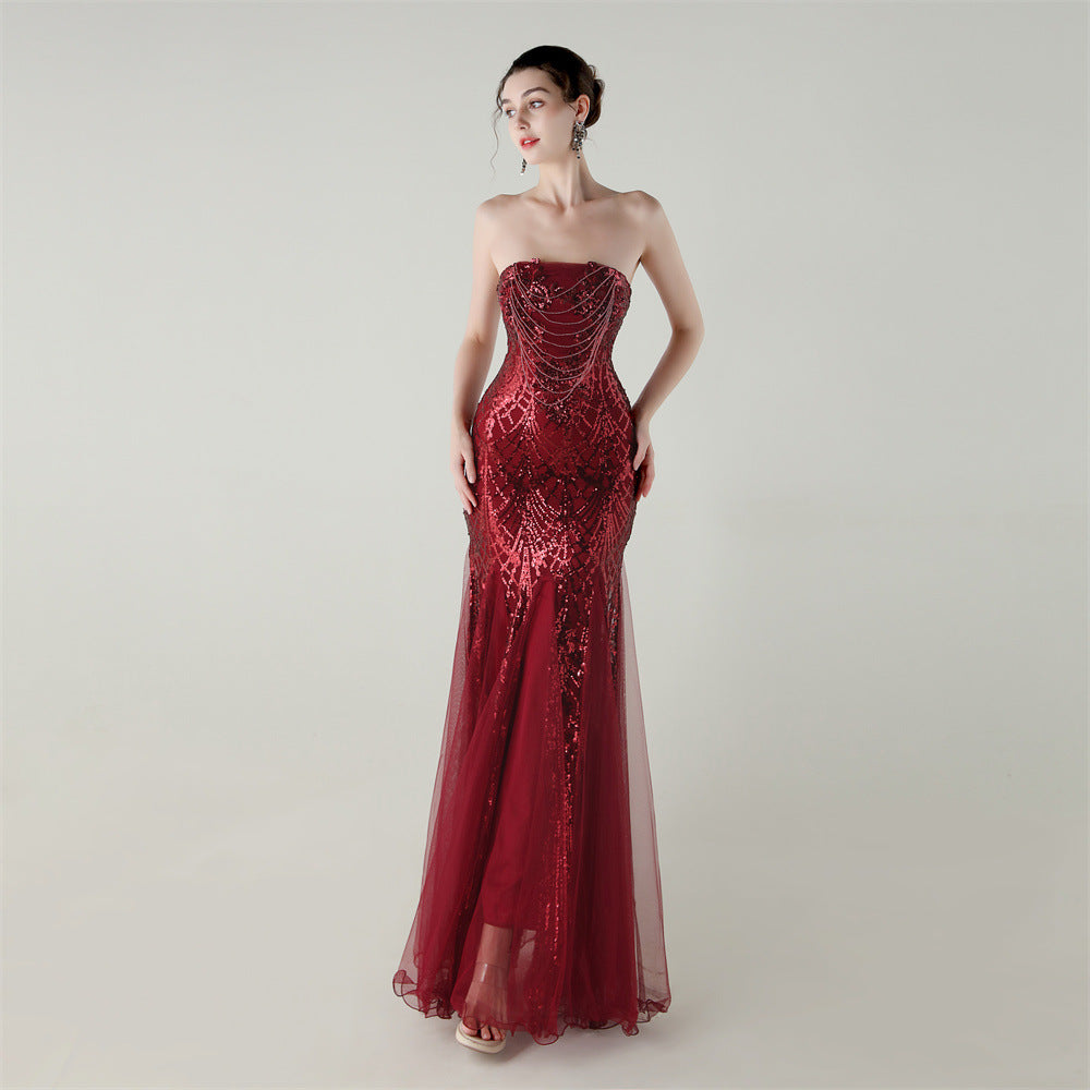 Mesh Heavy Industry Beaded Tube Floral Evening Dress Tube Top Fishtail Dress Swing Cocktail Social Socialite